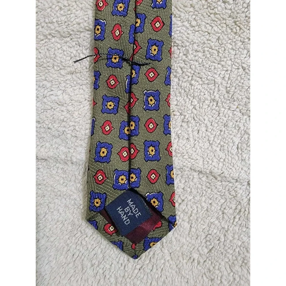 VTG 90s‎ Polo Ralph Lauren green foulard geometric 100% silk hand made tie USA